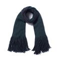 Close-up of deep green knit scarf featuring thick warm texture and long fringe tassels - Dark Green and Deep Grey