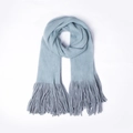 Detailed view of light blue knitted scarf texture with dense matching tassels at the ends - Bean Green and Gray