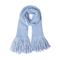 Close-up of the light blue long fringe detail on the soft thick knit winter scarf - White and Light Blue