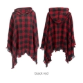 Women's hooded plaid poncho cape in black and red check pattern with fringe hem - Red