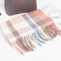 Sciarpa a quadri rosa e blu con frange, presentazione elegante con accessori alla moda - Rosa