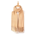 Close-up of camel cashmere scarf featuring fine fringe and delicate twill weave texture - Camel