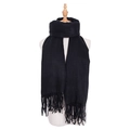 Detail of pure black winter scarf featuring fine tassel fringe and soft knit texture - Black