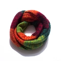 Detail of multi-color block knit infinity scarf with dense flat stitch texture - Dark Red Green