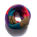 Detailed close-up of colorful mixed knit infinity scarf with soft textured yarn patterns - Blue Purple Orange