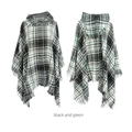 Women's black and green checkered hooded poncho cape with fringe detail in heavy wool fabric - New Black White (Black Green Plaid)