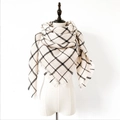 Soft black and white plaid checkered shawl scarf with long tassel fringe details - Beige