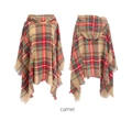 Women's hooded plaid poncho in camel with fringe hem, front and back view - Camel