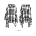Women's black and white checkered hooded poncho with fringe tassel hem in a flat lay view - Black & White
