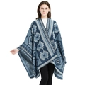 Poncho tricoté ethnique avec motifs tribaux géométriques et châle d'hiver épais brodé - Taille unique / Bleu