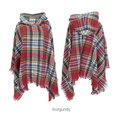 Women's plaid hooded shawl wrap in burgundy red with stylish fringe hem and classic pattern - Wine Red