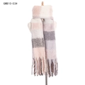 Thick winter plaid scarf with fringe in pink grey and white color blocks for women - Pink