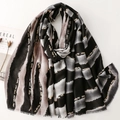 Luxe gradient cotton linen scarf with gold stripe accents and fringe edges for women - Black Grey (Gradient Stripes)