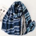 Blue gradient cotton linen scarf with gold metallic stripes and soft frayed edges - Blue (Artistic Gradient Stripes)