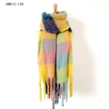 Thick colorful plaid scarf with fringes in yellow, pink, and blue on a neck mannequin - Yellow