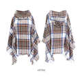 Women's white hooded plaid poncho shawl with blue and brown check patterns and fringe - Off-White Multicolor