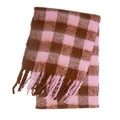 Winter mohair scarf in pink and brown rainbow check pattern with long fringes - Pink (45#)