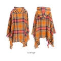 Women's orange plaid hooded poncho with fringe trim, front and back view - Orange