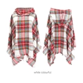Women's hooded plaid poncho with white and red tartan pattern and decorative tassels - White Multi-color