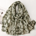 Olijfgroene pashmina sjaal met witte ginkgobladeren en gouden borduurdetails - Groen