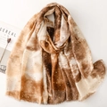 Gradient brown cotton linen scarf with gold foil details and natural fringe - Khaki