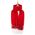 Sciarpa rossa effetto cashmere con frange mostrata su un manichino bianco - Rosso