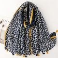 Bohemian navy blue scarf with white floral patterns and yellow tassels on a white surface - 180*88cm / Navy Blue Ginkgo Leaf Print (SL2510-013)
