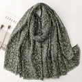 Dark green satin cotton scarf with feather prints and golden foil lines with fringed edges - 180cmx88cm / Green