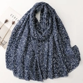 Navy blue cotton linen scarf with white leaf print and gold foil geometric accents - 180cmx88cm / Navy Blue
