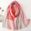 Vintage red and white striped cotton-linen scarf with fringed edges for sun protection - 180*88cm / Red White Grey Stripes (SL2510-017)