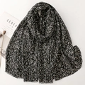 Soft black cotton linen scarf with elegant gold leaf print and frayed edges for women - 180cmx88cm / Black
