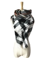Classic plaid scarf in black, white and orange with fringe detail on a white mannequin - 140x140cm / Beige