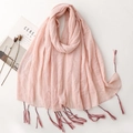 Pale pink cotton linen scarf with tassels and subtle textured wrinkles for women - Pink