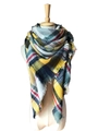 Classic multi-color plaid scarf with fringe in yellow navy blue and grey knit - 140x140cm / Green Yellow Grid