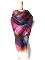 Colorful plaid scarf with fringe in red, pink and blue blocks on white model base - 140x140cm / Rose Red