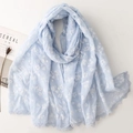 Light blue floral cotton linen scarf with delicate lace borders on white background - Aqua Blue