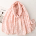 Pink floral cotton linen scarf with elegant lace trim and soft breathable texture - Pink