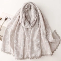 Light gray cotton linen scarf with white floral embroidery and delicate lace edges - Light Gray
