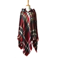 Women's plaid hooded poncho with red and black check pattern and fringe trim - Wine Red Colorful Plaid