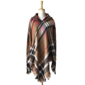 Brown and orange plaid hooded poncho cape with decorative fringe hem for women - Orange Color Check