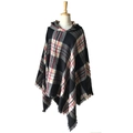 Women's plaid hooded poncho shawl with tassels in classic black and red check pattern - Black and Red Plaid