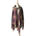 Poncho con cappuccio a quadri colorati con frange e morbida trama in cashmere - Cammello Colorato