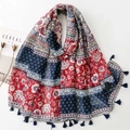 Ethnic printed scarf with vintage geometric floral patterns and tassel trim details - 180*88cm / Blue (SL2508-014)