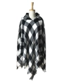 Poncho con cappuccio a quadri bianchi e neri con frange decorative per autunno - Quadri Neri e Bianchi