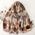 Artistic linen texture scarf with golden abstract circle prints and fringe edges - Khaki