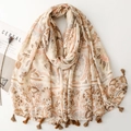 Elegant floral print shawl scarf with leaf pattern and tassels on white minimalist background - 180*88cm / Khaki