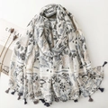 Floral leaf print cotton linen scarf with tassels, elegant beige sun protection shawl - 180*88cm / Light Gray