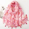 Lightweight pink floral scarf with tropical plant prints and red decorative tassels - 180*88cm / Pink