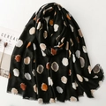Black lightweight scarf with colorful gold foil polka dots and fringe details for women - Black
