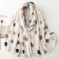 Lightweight scarf with gold foil colorful polka dots and fringe details for women - White